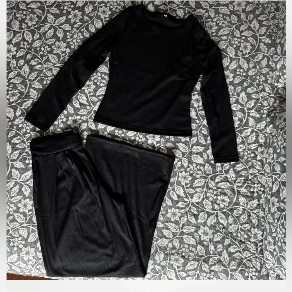 Elegant Black 2 Piece Outfit Long Sleeve, High Wait Wide Leg Pants - Picture 7 of 8